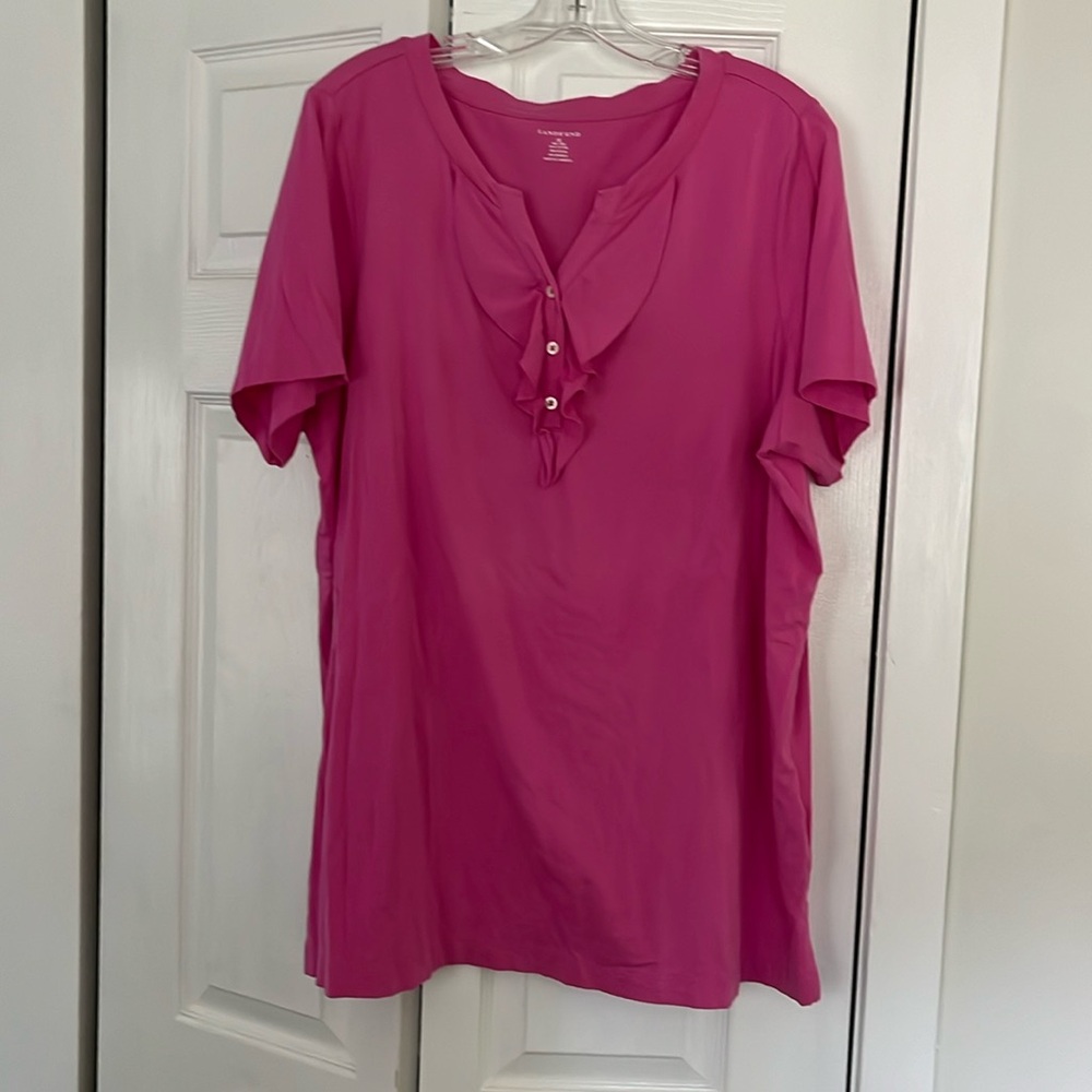 Lands End pink short sleeve tunic top with a ruffle neckline 1X NWOT